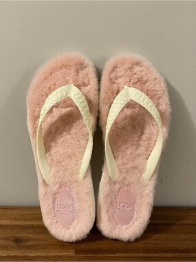 UGG Blush Pink Faux-Shearling Flip Flop Slippers with Cream Straps